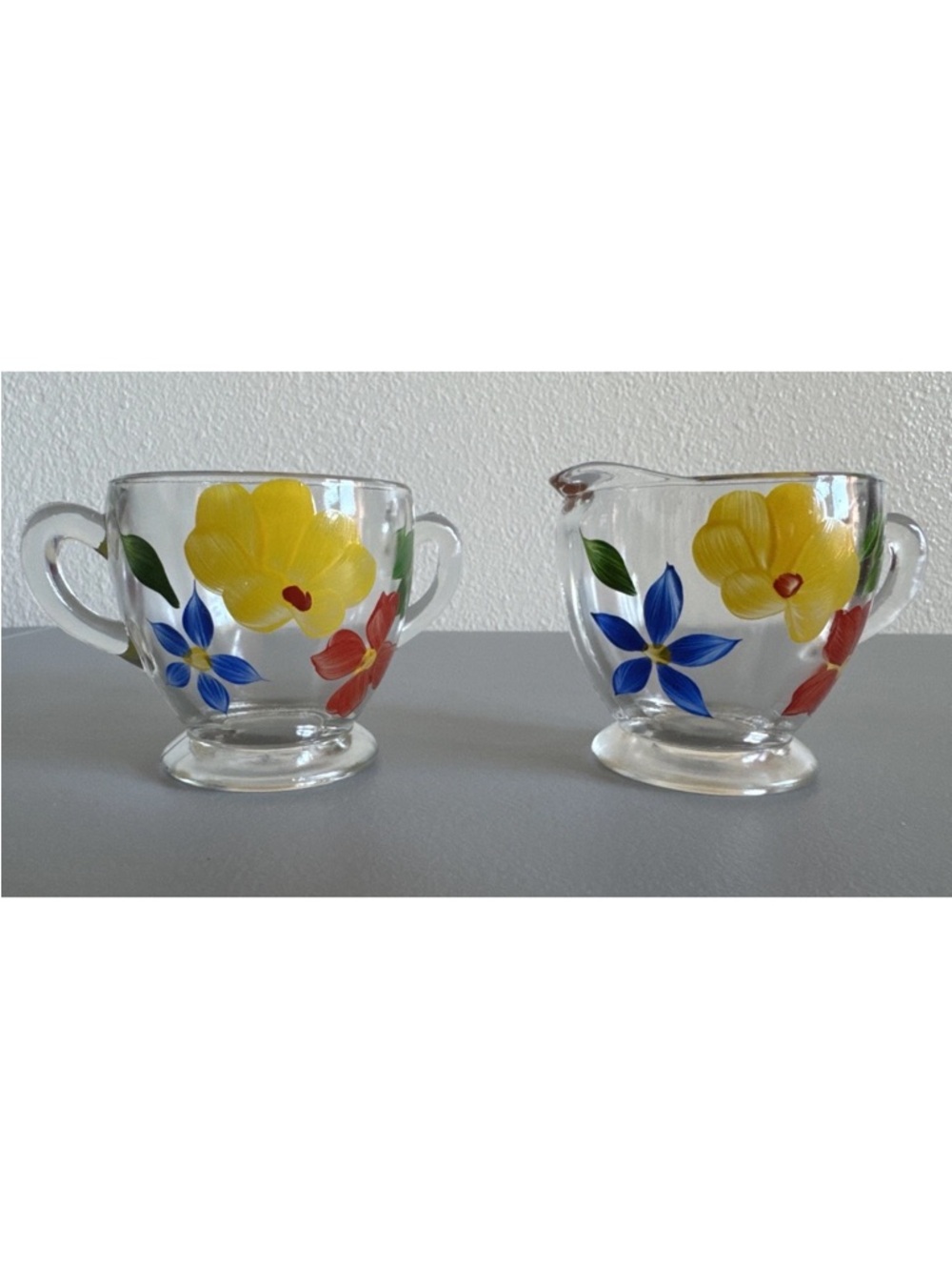 Vtg 1950s Bartlett Collins Hand Painted Glass Sugar and Creamer Set Floral‎ MINT